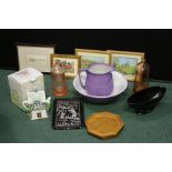 Decorative items to include purple jug and bowl set, Regency Fine Arts teapot in the form of a