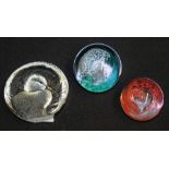 Two Caithness paperweights, Pastel and Moon Crystal, Mats Jonasson lead crystal roundel with