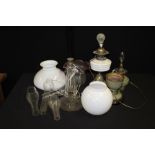 Oil lamps and lamp shades, (qty)