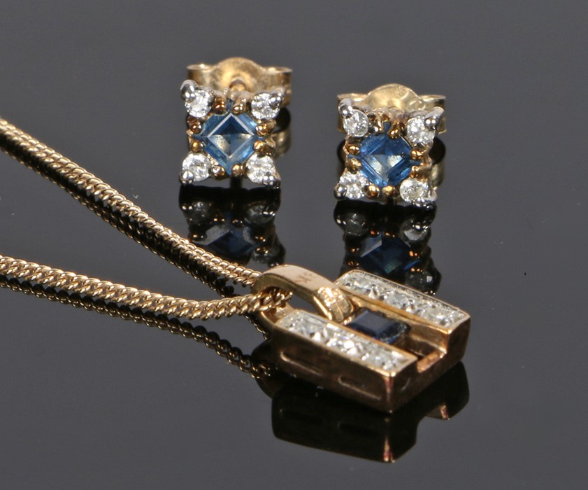 9 carat gold sapphire and cubic zirconia jewellery set, to include a pendant necklace and a pair