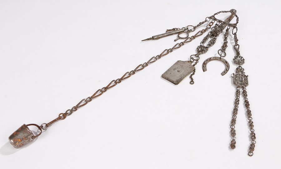 Victorian lady's steel chatelaine, with chain attached tools to include a pencil, aide de memoir,