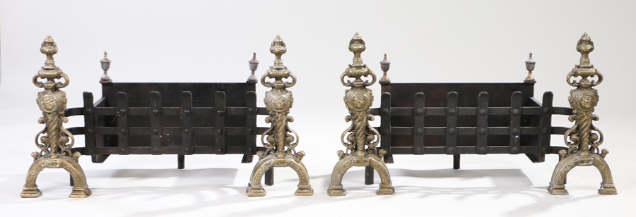 Pair of fire baskets, each with a pair of brass urn capped columns with scroll and arched feet, an - Image 2 of 2