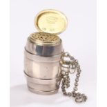 Victorian novelty silver scent bottle/ vinaigrette/ pill pot, London 1870, maker JB, of barrel