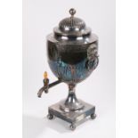 Late 18th Century silver plated hot water urn, the gadrooned domed cover above a scroll and