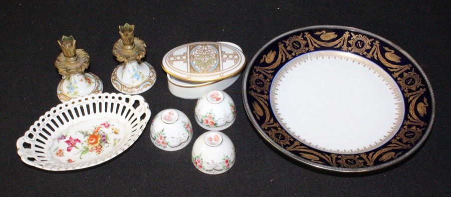 Pair of Meissen porcelain sticks, with gilt metal tops above porcelain bases, together with a