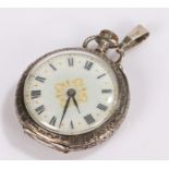 Continental ladies silver open face pocket watch, the dial with Roman numerals, the caseback with