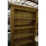 Pine open bookcase, with five shelves flanked by reeded pilasters, 92.5cm wide