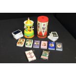 Collection of playing cards, musical merry-go-round, musical tin (qty)