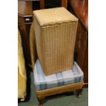 Lloyd Loom "Lusty" nursing chair and laundry basket, both gold painted, the chair with blue