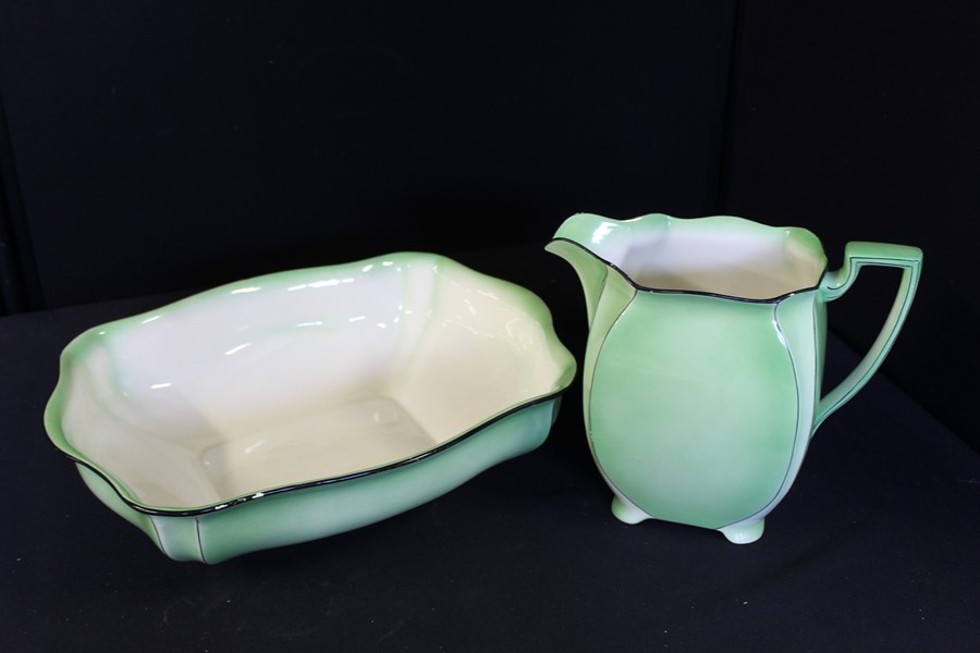 Royal Winton Grimwades Art Deco style jug and bowl set, the green bodies with black borders and