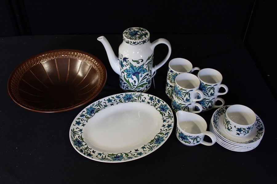 Midwinter Spanish Garden pattern coffee service, consisting of coffee pot, milk jug, sugar bowl,