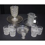 Quantity of cut glass items. tumblers, cake stands, vase, jug, etc, (Qty)