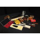 Mixed lot including, Thornton slide rule, Chesterman tape measure, opera glasses, small wooden