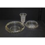 Two cut glass fruit bowls, one with diamond decoration the other with vine cut decoration, 31cm