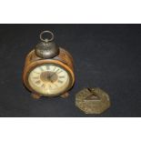 French alarm clock, with a bell to the top, together with a sundial, (2)