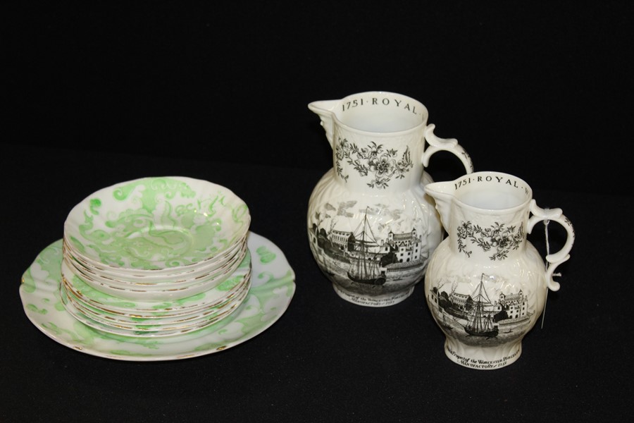 Two Royal Worcester Bicentenary porcelain jugs, together with Royal Worcester Green Dragon saucers