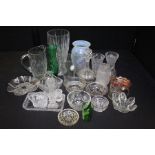 Collection of cut glass items including a decanter, vases, dishes, etc, (Qty)