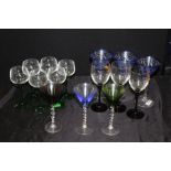 Set of six green and clear glass wine glasses, together with three sets of three glasses, (15)