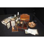 Works of art, to include treen items, two pen trays, plate stand, letter rack etc, (qty)
