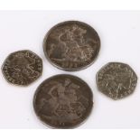Two Victorian crowns, 1891, 1893, two Benjamin Bunny fifty pence pieces (4)
