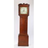 George III oak longcase clock by George Suggate of Halesworth, the scrolled pediment above two