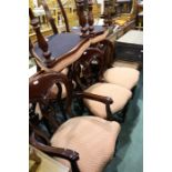 Set of eight Victorian style dining chairs, with arched bow backs above splats and stuff over