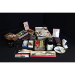 Works of art, to include a miniature a miniature display case, sewing related items, box, Limoges