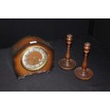 Oak cased clock, together with a pair of candlesticks