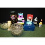 Collection of objects, to include a Bertie Bassett, Wallace and Gromit toys, glass bowls, vase, etc,