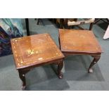 Pair of Oriental mahogany and brass inlaid tables, with square tops above cabriole legs, 50cm