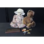 Sigikid teddy bear, teddy bear wearing a dress and bonnet, cribbage board, loose toy cars (qty)