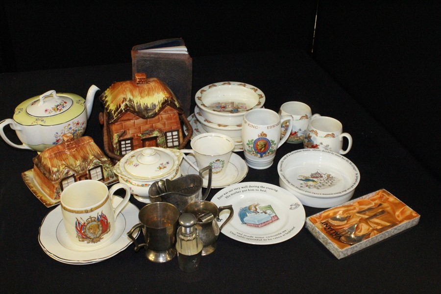 Decorative china, to include Royal Doulton Bunnykins cups & plates, cottage form biscuit barrel &