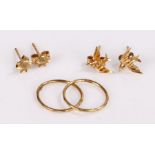 9 carat gold earrings, to include two loops and two pairs of studs, 1.3 grams