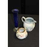 Copeland Jasper jug, together with a bowl and a blue glass vase, (3)