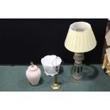 Art pottery reading lamp, brass reading lamp, terracotta reading lamp, white porcelain jardiniere (