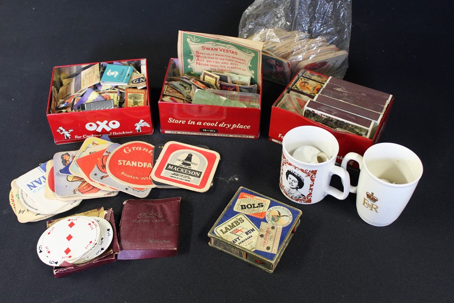 Collection of matchboxes & beer mats, three Oxo cube tins, crested china etc. (qty)