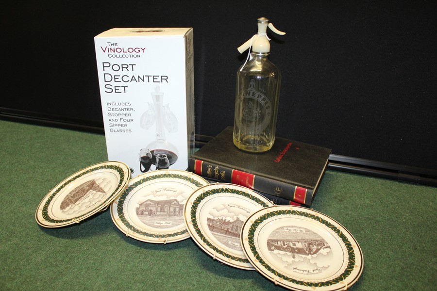 Collier's Encyclopedia, together with four plates, a port decanter set and a soda syphon