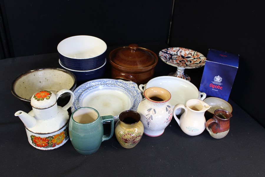 A quantity of ceramics, dishes, cake stand, tea pot, jugs, etc, (Qty)