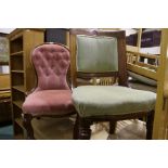 Victorian walnut spoon back nursing chair, with puce buttoned back and serpentine front seat, on