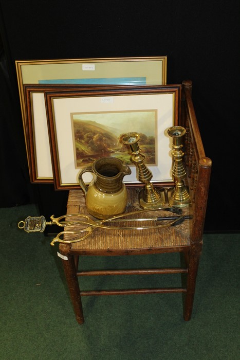 Mixed lot to include, corner chair, with spindle turned back, on turned legs, pair of brass