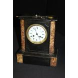 Edwardian slate and marble mantle clock, the enamel dial with Roman numerals, the french movement