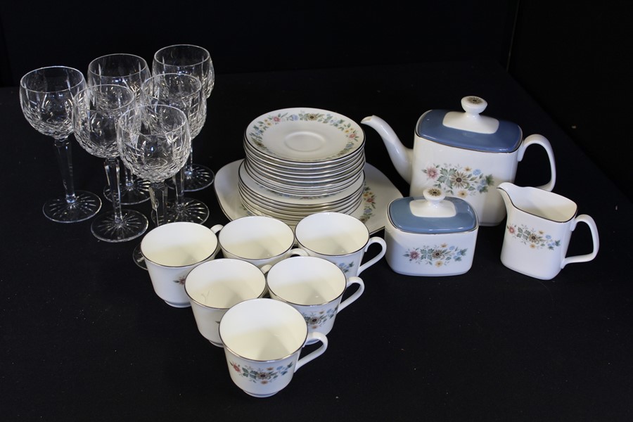 Royal Doulton Pastorale pattern tea service, consisting of teapot, milk jug, sugar bowl, cake plate,