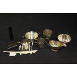 Bone crocodile tooth pick holder, with picks, together with silver plated sauce boat, mugs, etc, (