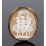 Cameo brooch, carved with three maidens dancing, set to a yellow metal mount, 47mm diameter