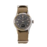 Lemania military WWW "Dirty Dozen" wristwatch, the signed black dial with Arabic numerals and