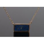 9 carat gold lapis lazuli mounted pendant necklace, with a rectangular lapis lazuli panel joined
