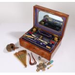 A veneered & inlaid ladies compartmentalised dressing case with original fitted mirror, purple