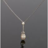 Natural pearl and diamond set pendant necklace, the natural saltwater pearl below the diamond set