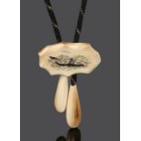 Unusual Inuit walrus tusk necklace, with a hunting scene to the pendant and two pear shaped drops