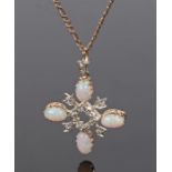 Opal and diamond set pendant necklace, with a diamond centre and four oval opals to the surround,